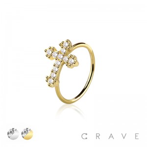 CZ PRONG GEM PAVED CROSS 316L SURGICAL STEEL O-RING NOSE HOOP